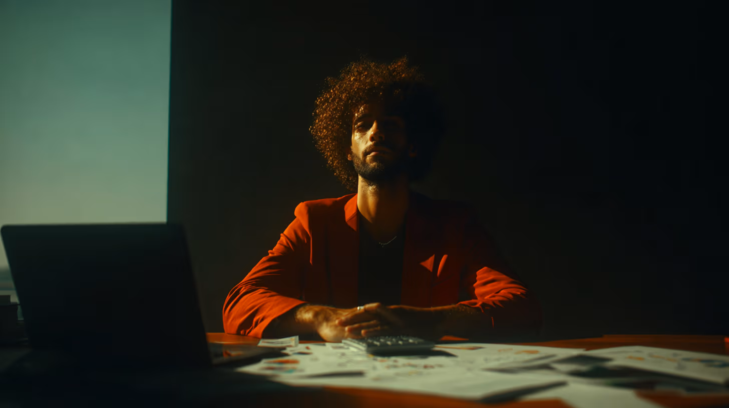 Un propriétaire de petite entreprise professionnel assis à un bureau, regardant pensivement l'écran d'un ordinateur portable avec une expression légèrement perplexe ou contemplative. La personne est vêtue d'une tenue professionnelle décontractée, suggérant qu'elle dirige une entreprise bien établie, mais sans être trop formelle. Sur le bureau sont éparpillés des papiers avec des points d'interrogation, des croquis de mises en page de sites web et une calculatrice. L'éclairage est naturel, provenant d'une fenêtre. La composition doit être réaliste et authentique, capturant le moment où un chef d'entreprise tente de déterminer le coût réel et la valeur de quelque chose d'important pour son entreprise. La photo est prise sous un léger angle, sans que le sujet ne soit directement face à l'appareil photo, afin de suggérer qu'il est absorbé par son processus de prise de décision.