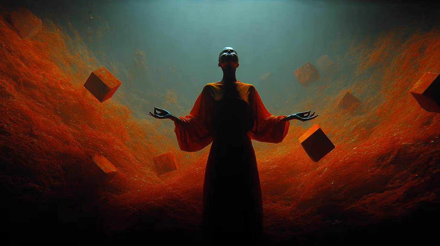 Illustration abstraite artistique d'une personne au centre entourée d'éléments e-commerce flottants et éthérés comme des paniers d'achat, boîtes géométriques et symboles de devises, avec des rayons de lumière émanant de ses mains dans un style contemporain équilibrant technologie et humanité.