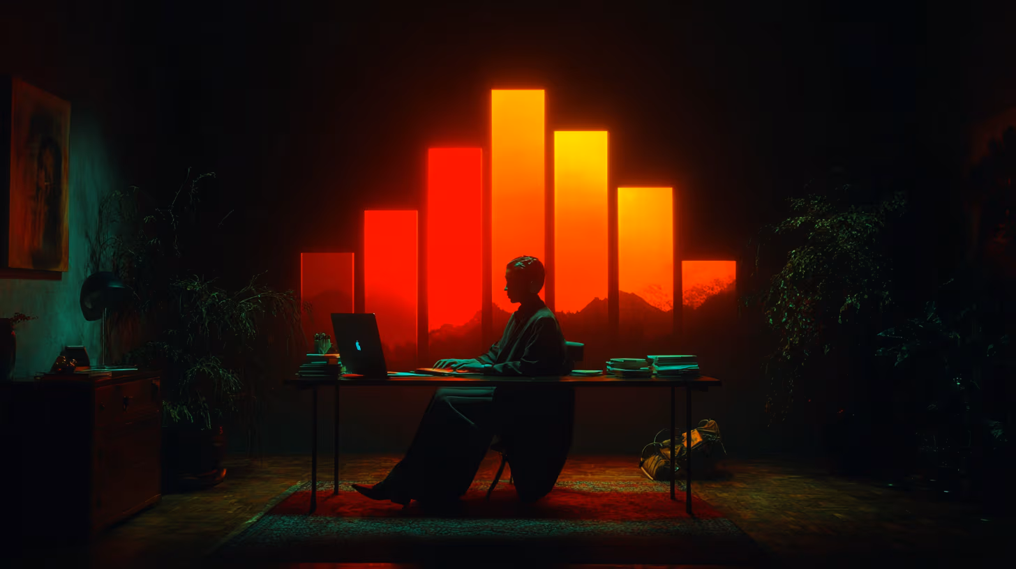 Un entrepreneur du secteur des services, assis à un bureau moderne, observe les icônes et les graphiques représentant les revenus générés par son site web. Éclairage chaleureux, accessible, stimulant.