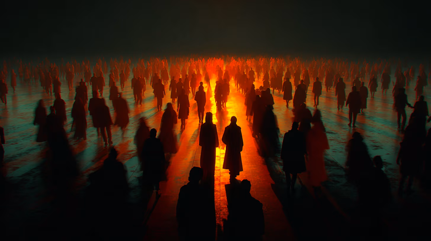 Vue aérienne artistique d'une place bondée où la plupart des gens sont flous et s'éloignent dans différentes directions, tandis qu'un petit groupe de 3-4 professionnels au centre est clairement défini, engagé dans une conversation sérieuse.