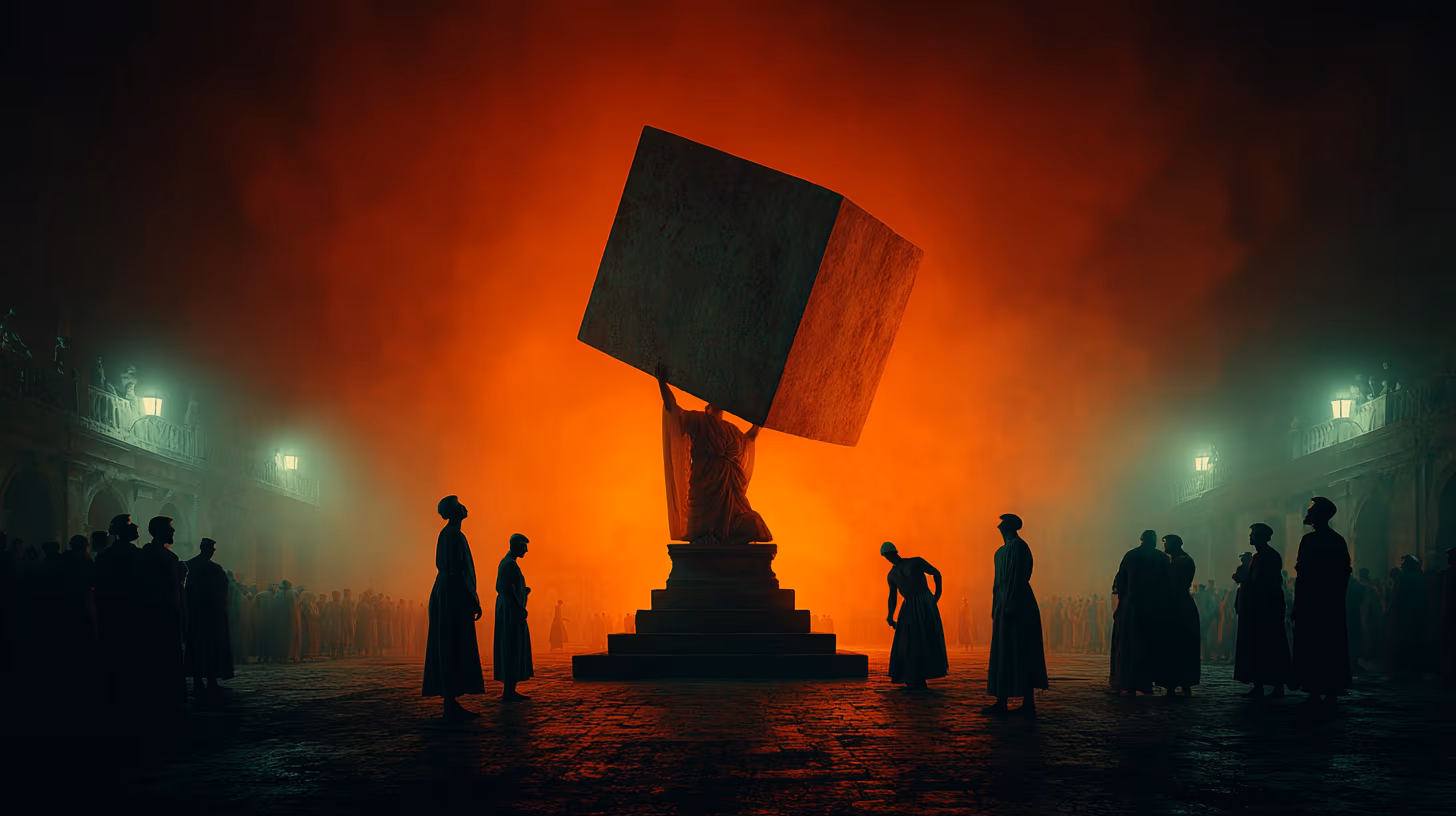 Une scène où des artisans soulèvent une statue massive pour la placer sur un piédestal dans une place animée de Florence.